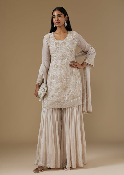 Ivory Chinon Sharara Suit With Moti Cut Dana And Sequin Embroidery