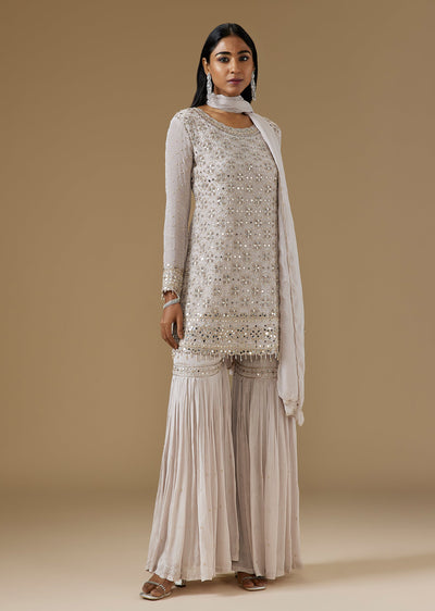 Ivory Chinon Tiered Sharara Suit With Mirror And Moti Embroidery