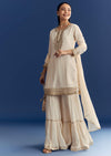 Ivory Crepe Kurta Set With Zardosi And Sequins Dupatta