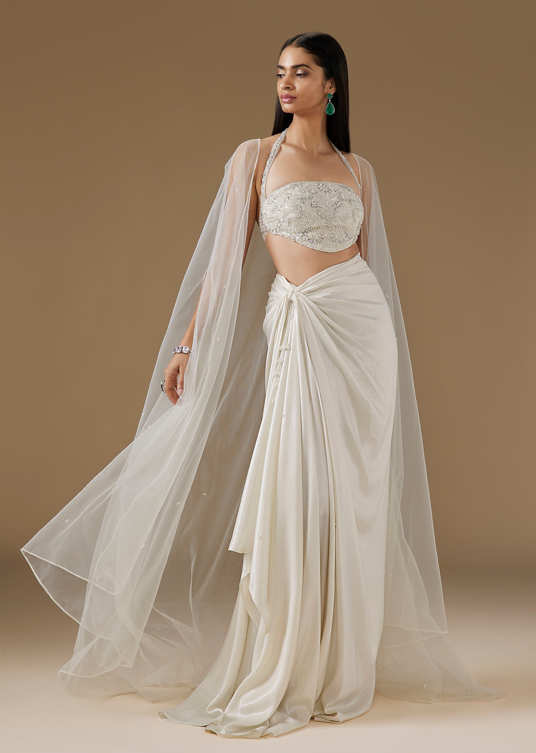 Ivory Embroidered Crop Top And Skirt With Net Cape
