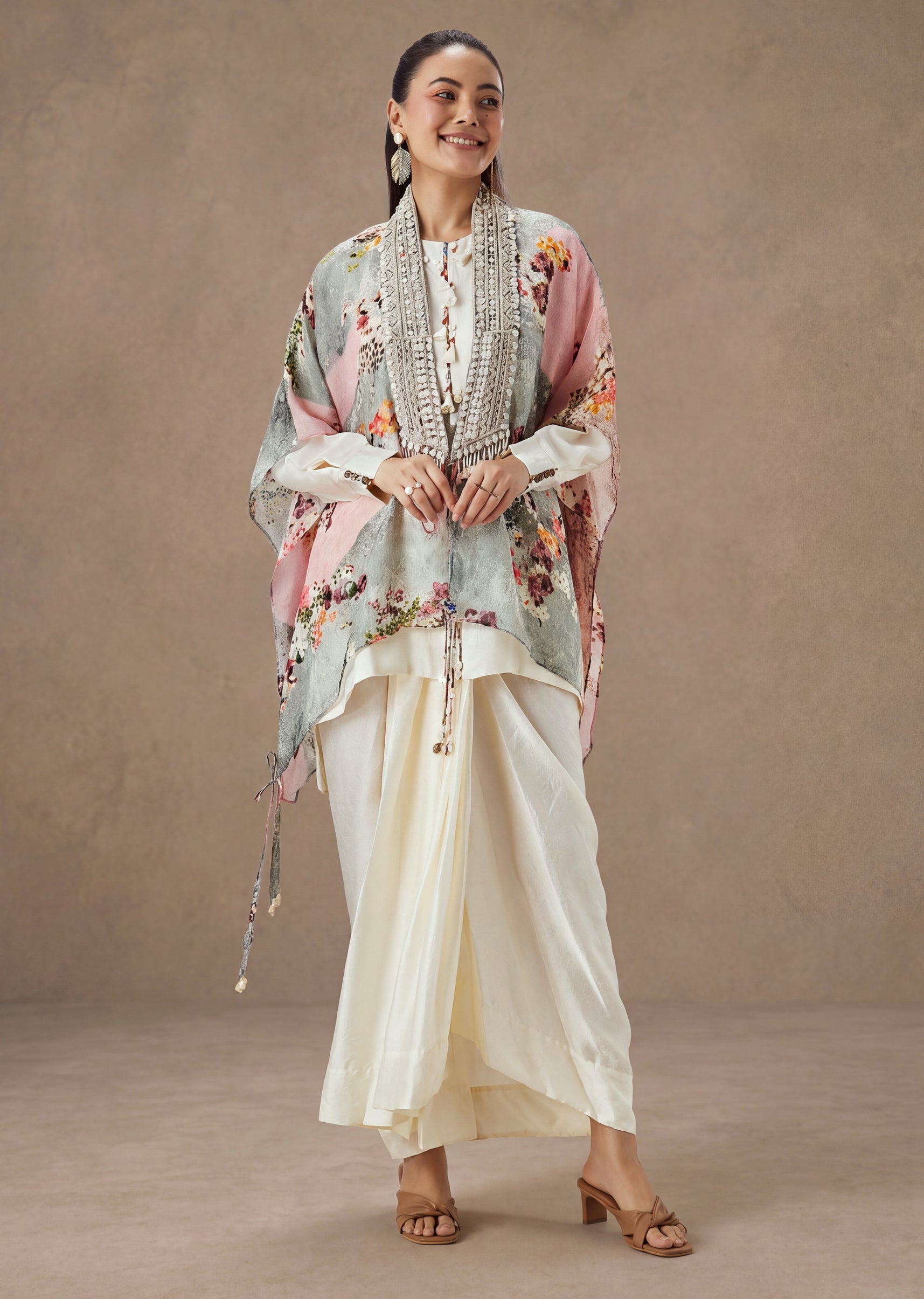 Ivory Floral Printed Cape And Drape Skirt Set
