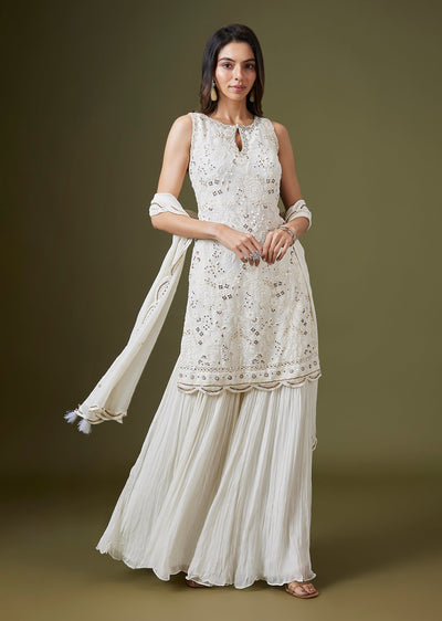 Ivory Georgette Embroidered Sharara Set With Dupatta