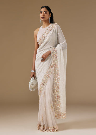 Ivory Half And Half Sequin Saree With Floral Cut Dana Embellished Border