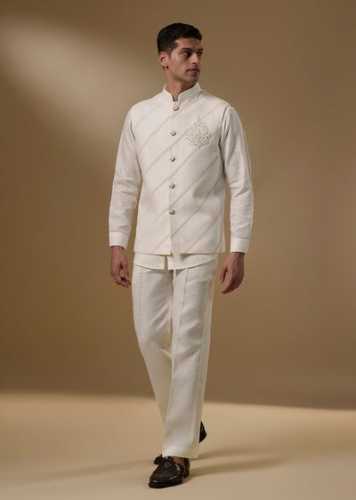 Ivory Linen Kurta Jacket Set With Resham Work