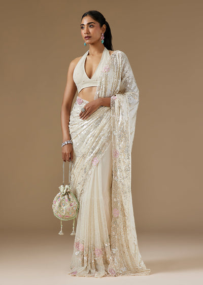 Ivory Organza Half And Half Saree With Floral Sequin Cut Dana Border