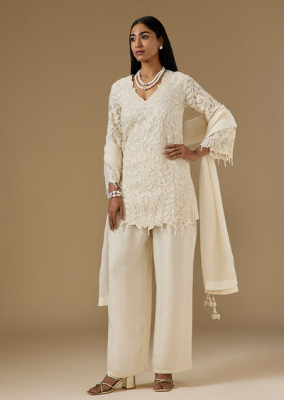 Ivory Organza Kurta Set With Appliqué Beadwork And Tasselled Flared Sleeves