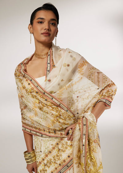 Ivory Organza Printed Saree With Beads and Cutdana Work