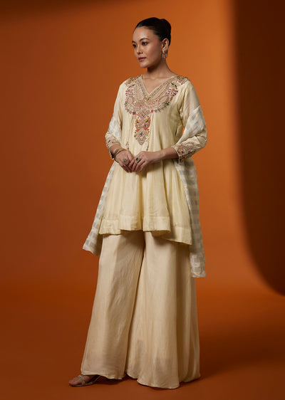 Ivory Russian Silk Flared Kurta Palazzo Set With Zardosi Embroidery