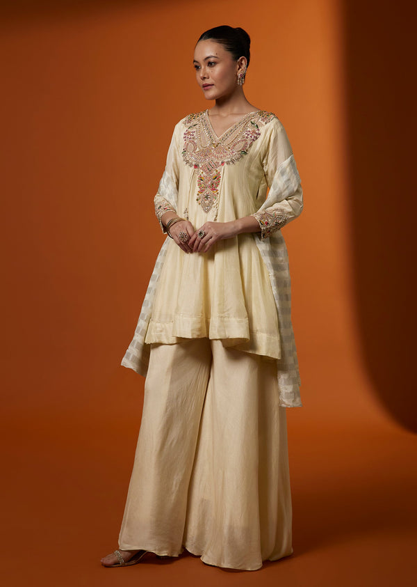Ivory Russian Silk Flared Kurta Palazzo Set With Zardosi Embroidery