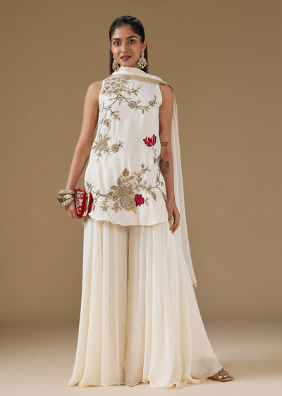 Ivory Russian Silk Palazzo Suit With Floral Zari And Thread Embroidery