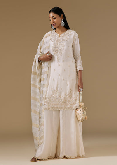 Ivory Satin Palazzo Suit With Cut Dana Moti And Sequin Embroidery