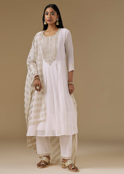 Ivory Satin Palazzo Suit With Cut Dana Moti Sequin Embroidery And Stripe Dupatta