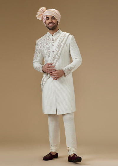 Ivory Silk Groomsman Sherwani Set With Salli And Cut Dana Work