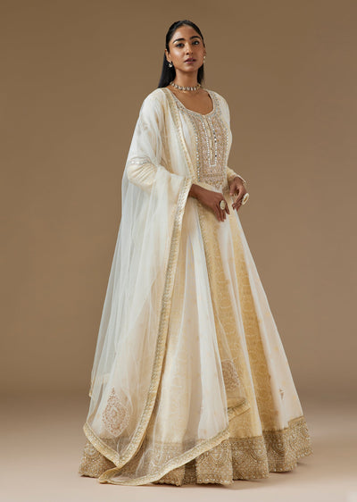 Ivory Tissue Anarkali With Zardosi And Mirror Embroidered Neckline