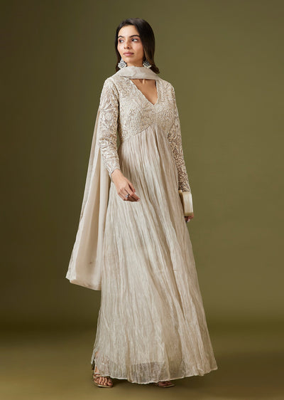Ivory Tissue Embellished Anarkali Set With Dupatta