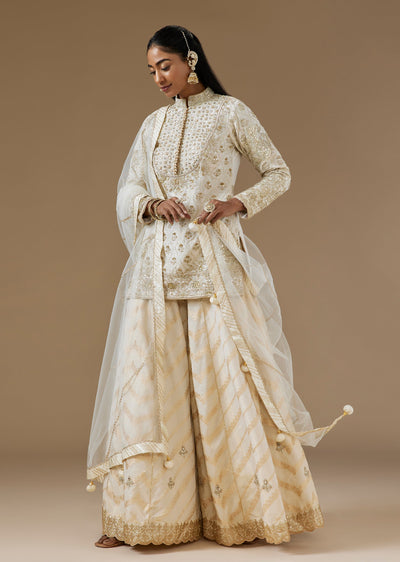 Ivory Tissue Palazzo Suit With Gotta Foil Mirror And Sequin Embroidery