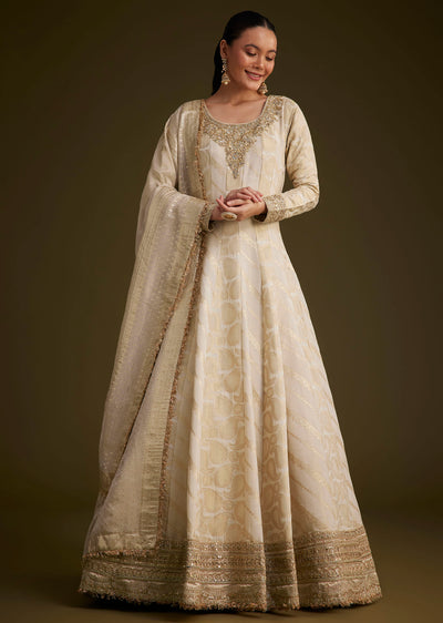 Ivory Banarasi Tissue Anarkali With Gotta Work