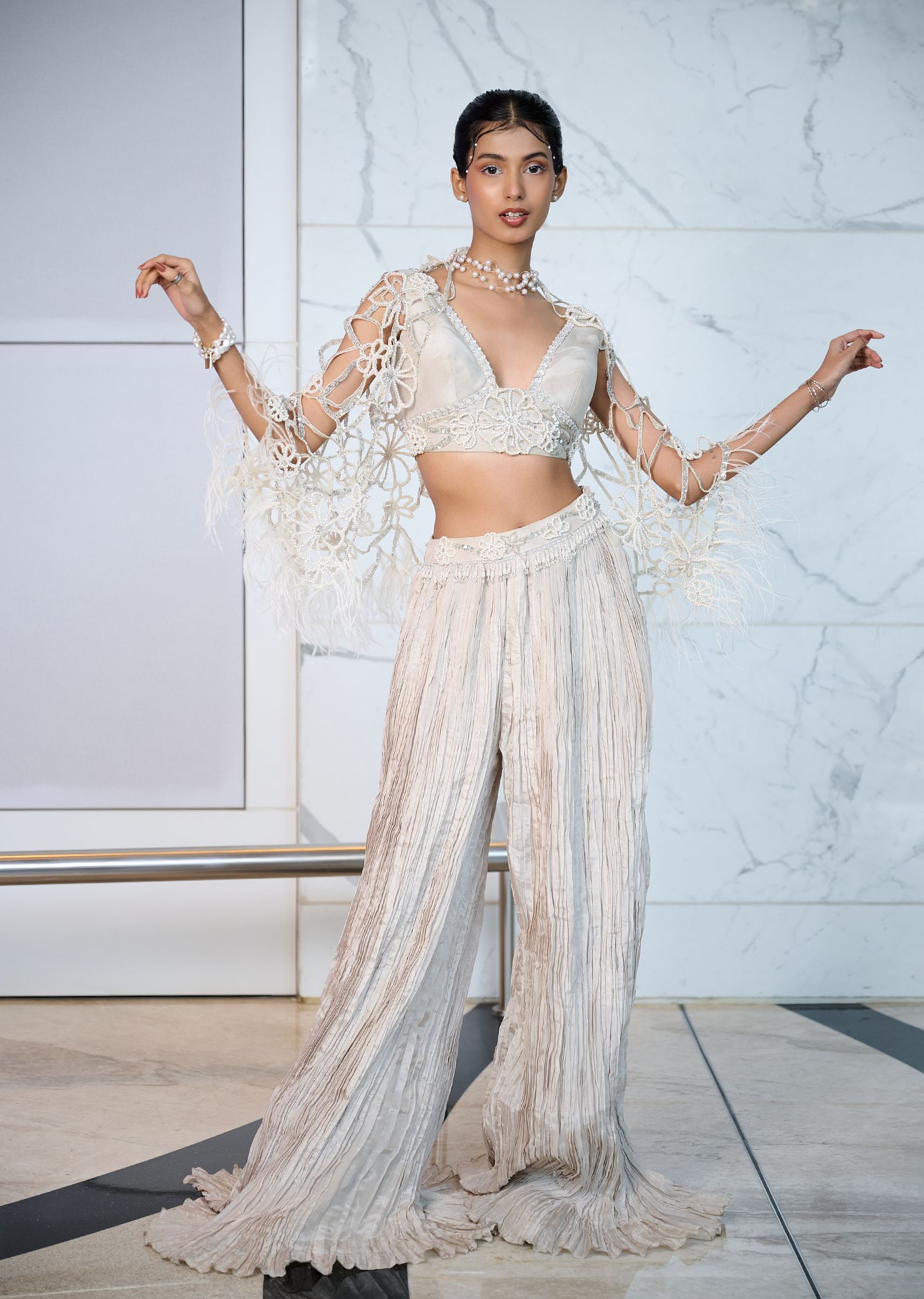 Buy Ivory Patchwork Blouse With Cutwork Jacket And Ruched Palazzo ...