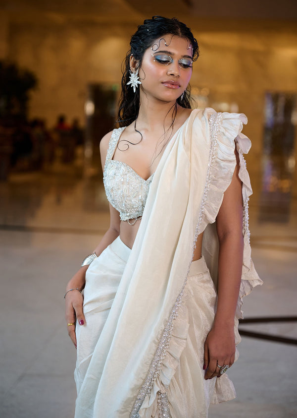 Ivory Pre Stitched Frill Tissue Saree With Blouse