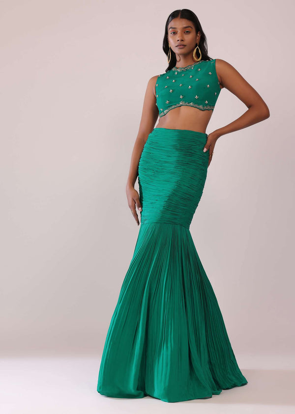 Jade Green Fish-Cut Skirt And Embroidered Blouse Set In Crepe