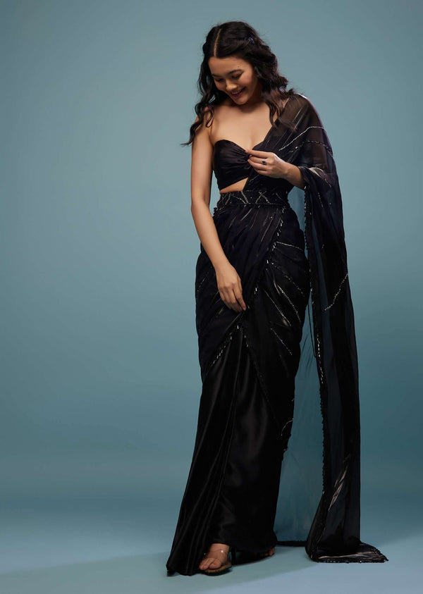 Jet Black Embroidered Ready To Wear Organza Saree