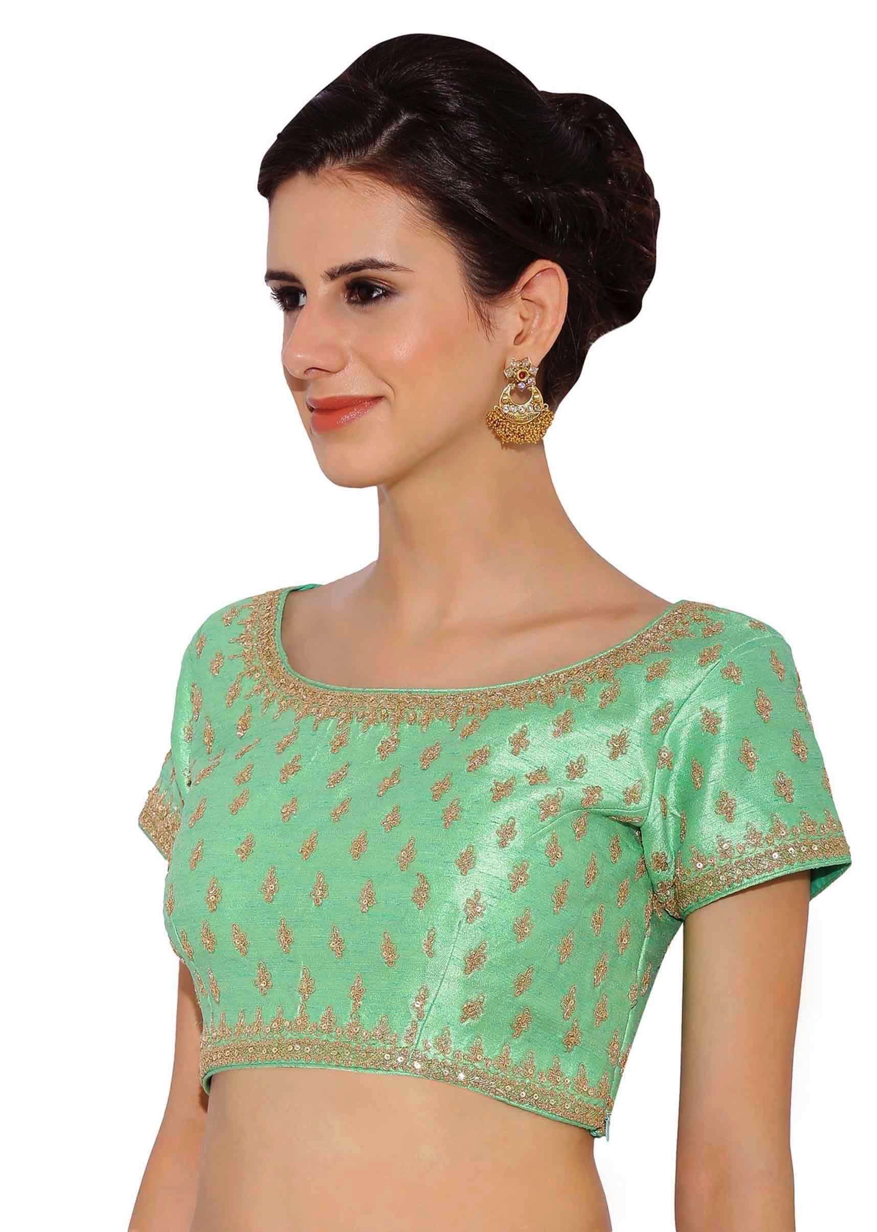Sea Green  Blouse With Embroidery And Side Zip - KALKI Fashion India