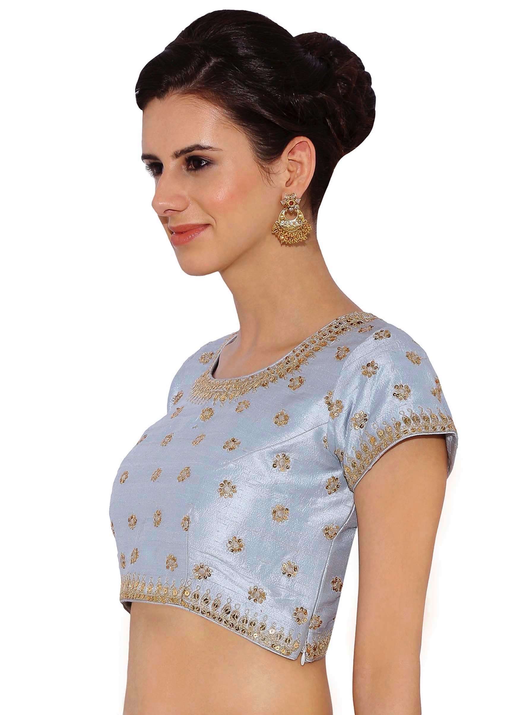 Mint Blue Blouse In Raw Silk With Sequins Embroidery And Side Zip Online - Kalki Fashion - KALKI Fashion India