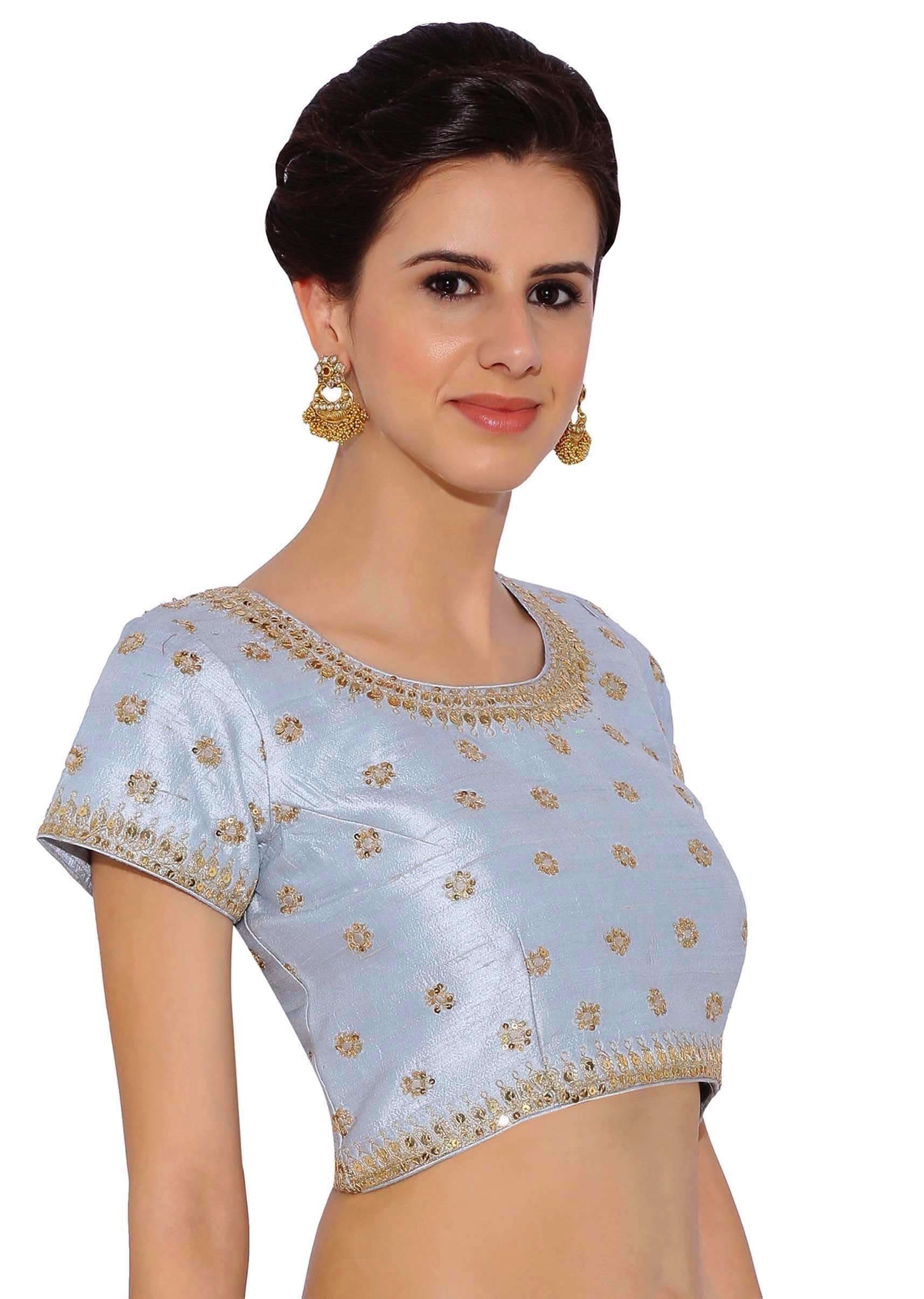 Mint Blue Blouse In Raw Silk With Sequins Embroidery And Side Zip Online - Kalki Fashion - KALKI Fashion India