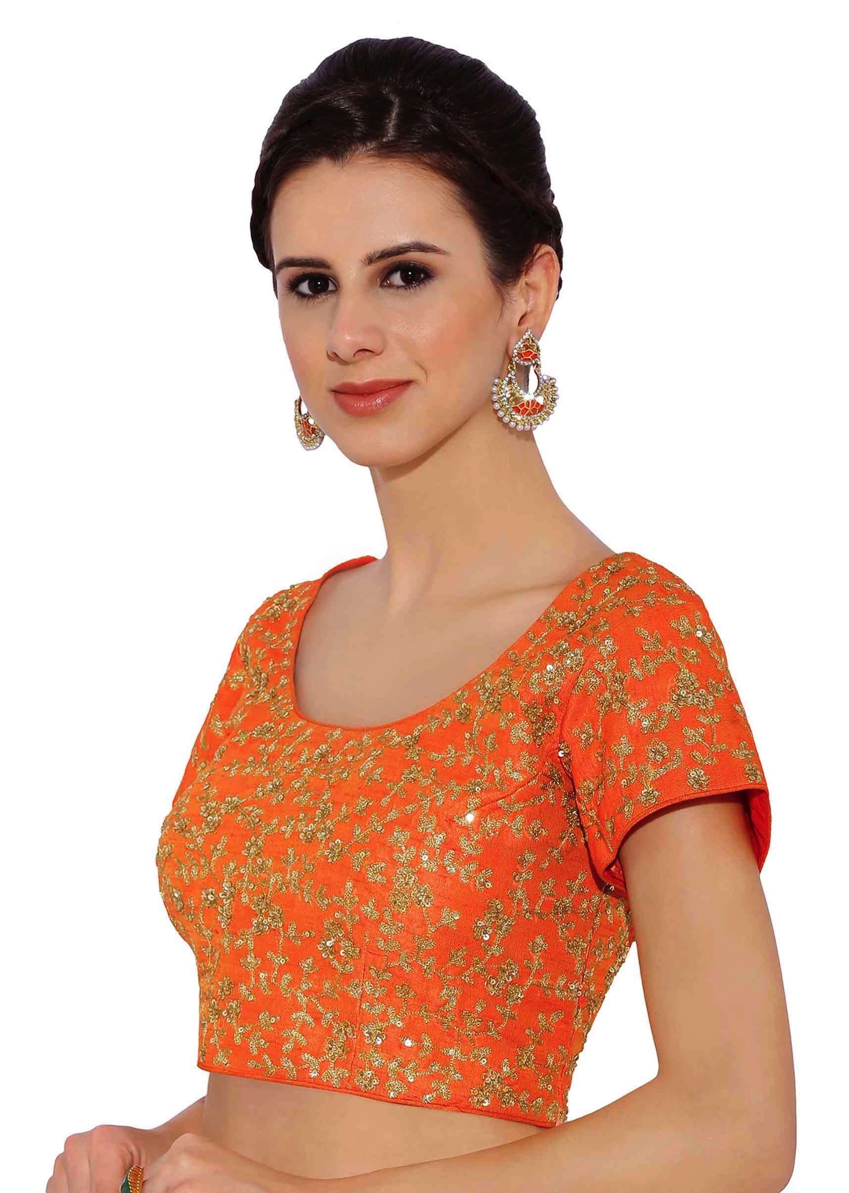 Orange Blouse In Raw Silk With Sequins Embroidery And Side Zip Online - Kalki Fashion - KALKI Fashion India