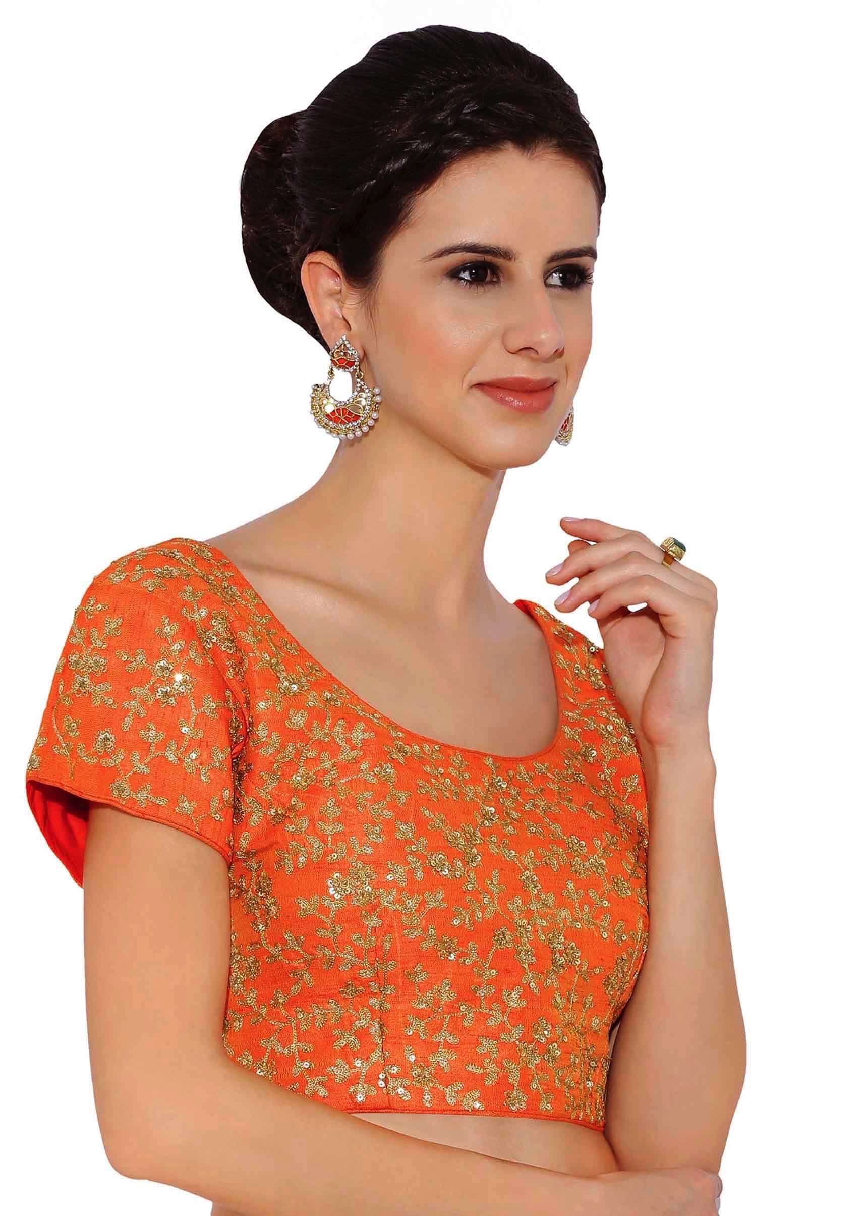 Orange Blouse In Raw Silk With Sequins Embroidery And Side Zip Online - Kalki Fashion - KALKI Fashion India