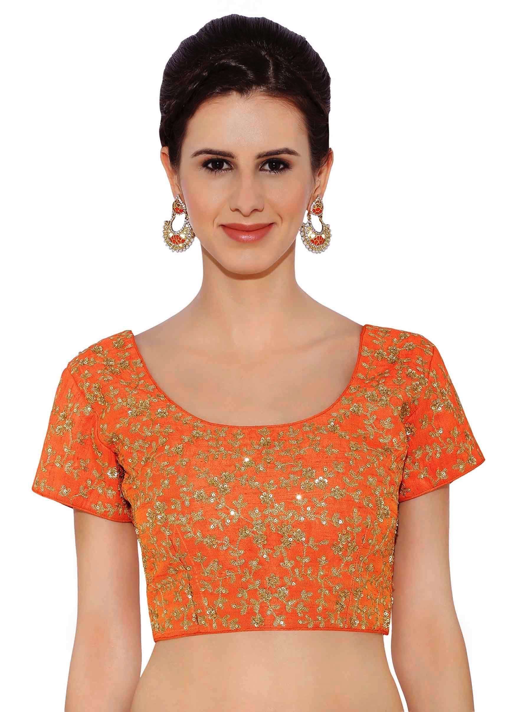 Orange Blouse In Raw Silk With Sequins Embroidery And Side Zip Online - Kalki Fashion - KALKI Fashion India