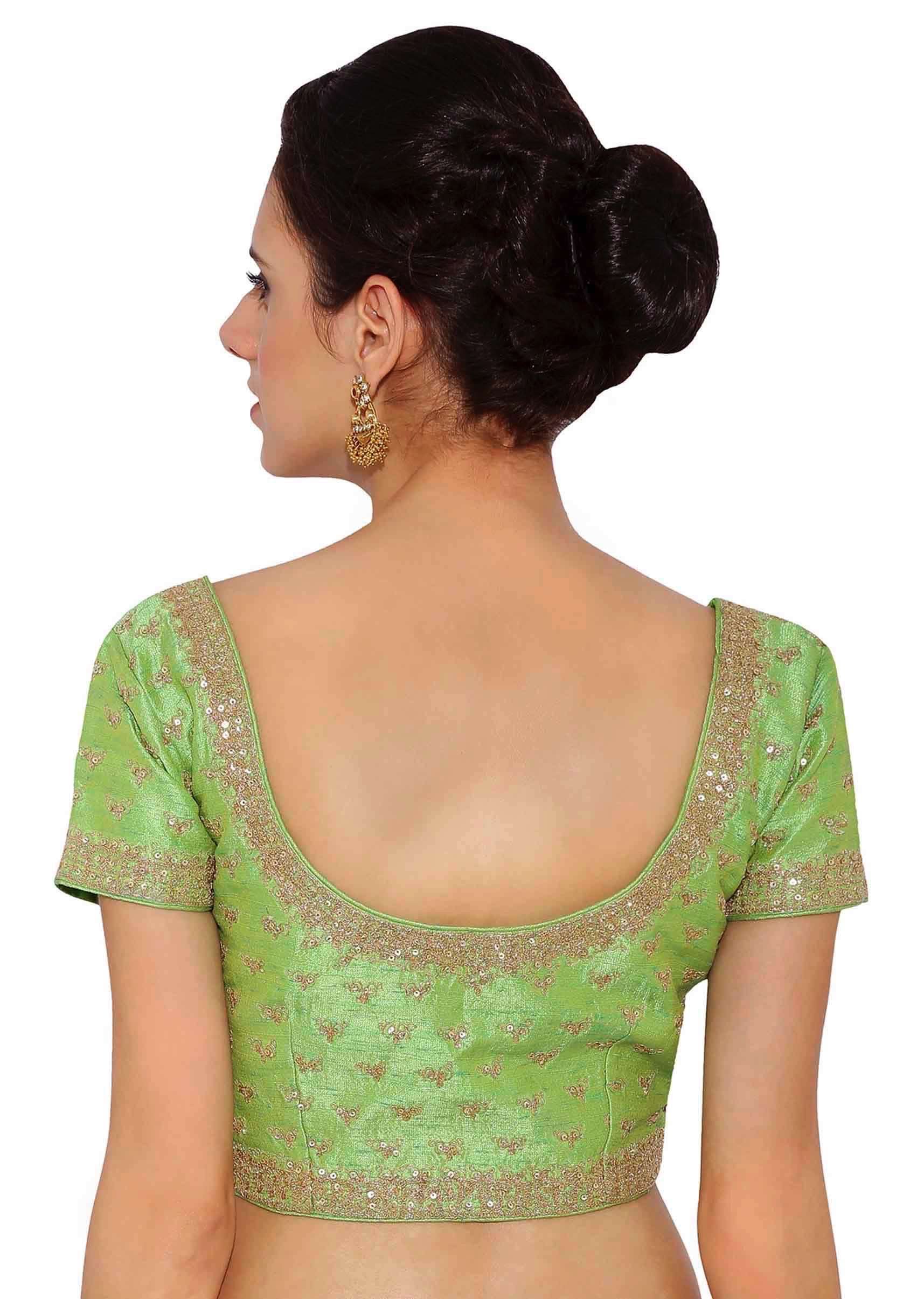 Parrot Green Blouse In Raw Silk With Sequins Embroidery Online - Kalki Fashion - KALKI Fashion India