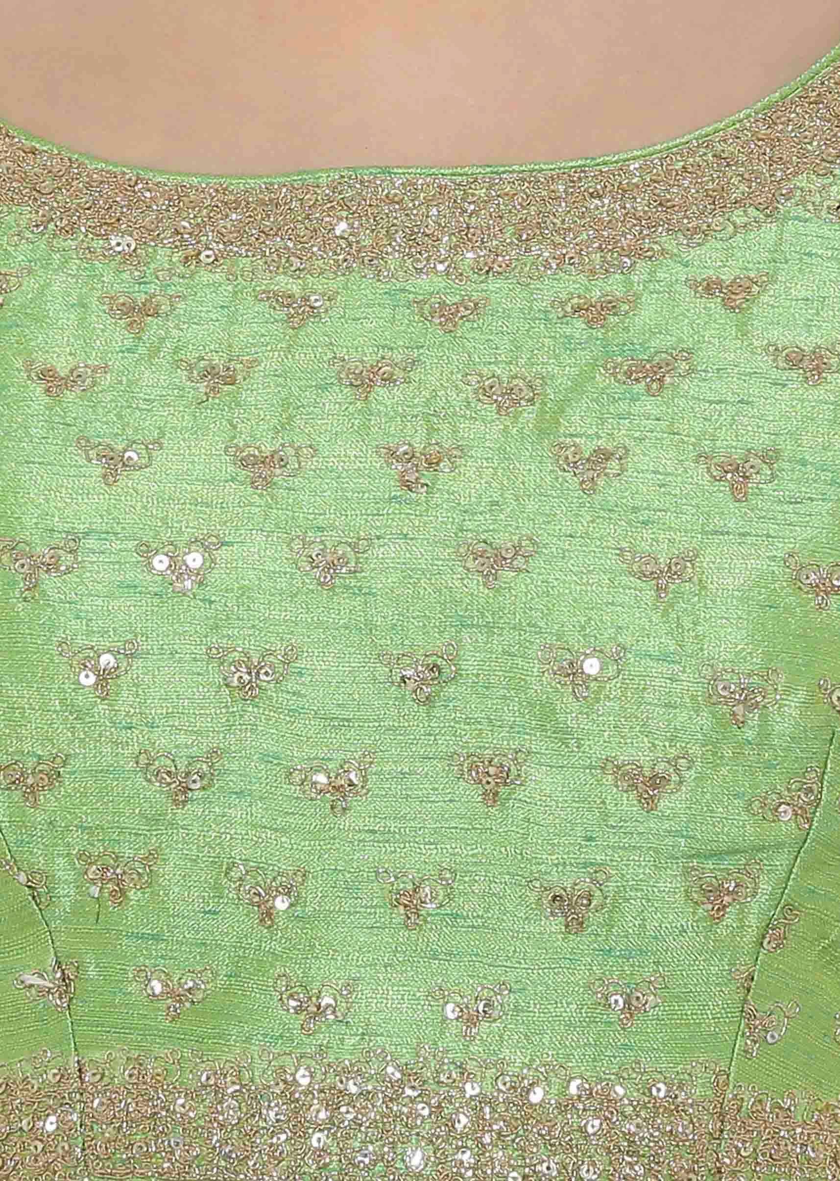 Parrot Green Blouse In Raw Silk With Sequins Embroidery Online - Kalki Fashion - KALKI Fashion India