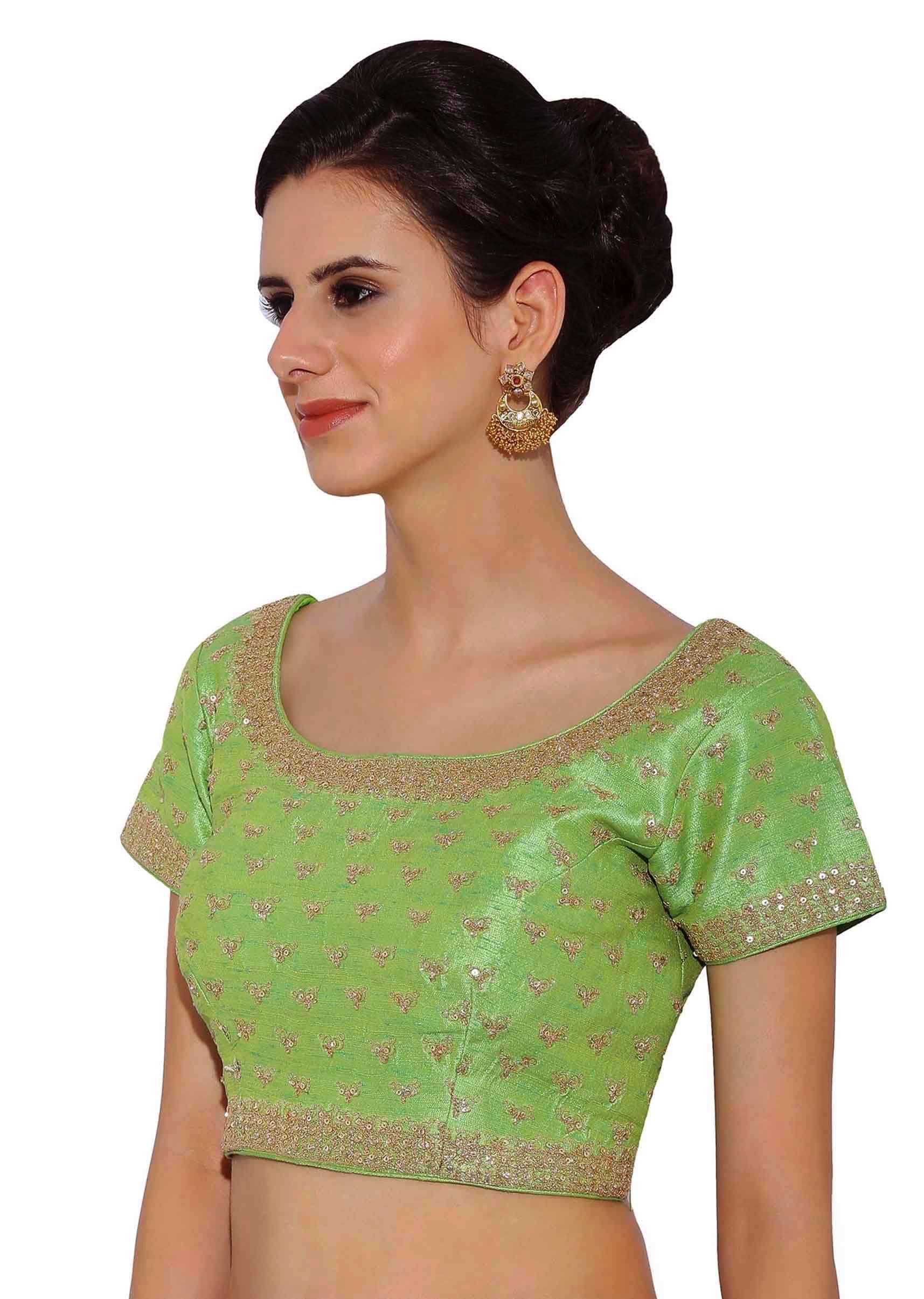 Parrot Green Blouse In Raw Silk With Sequins Embroidery Online - Kalki Fashion - KALKI Fashion India