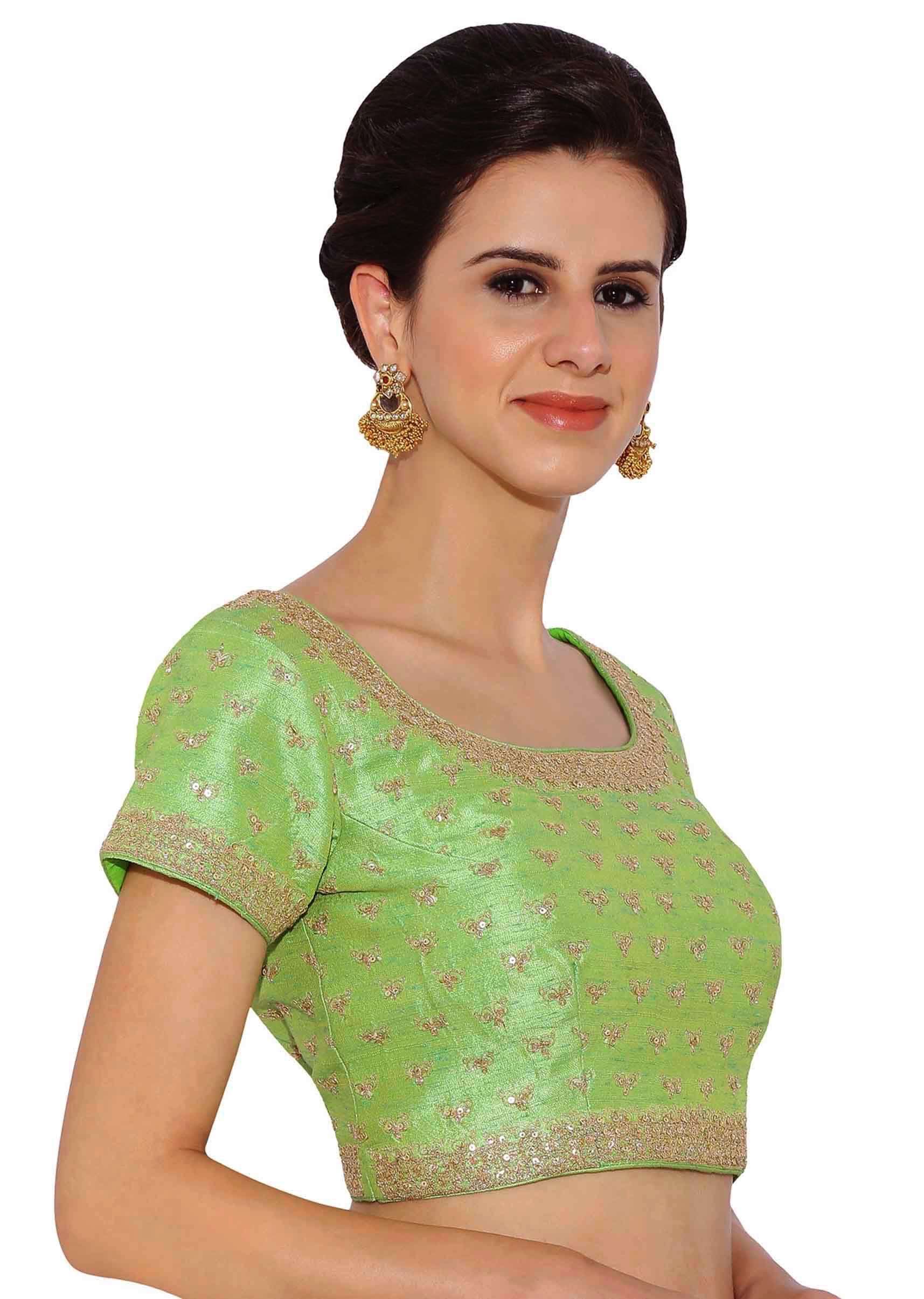 Parrot Green Blouse In Raw Silk With Sequins Embroidery Online - Kalki Fashion - KALKI Fashion India