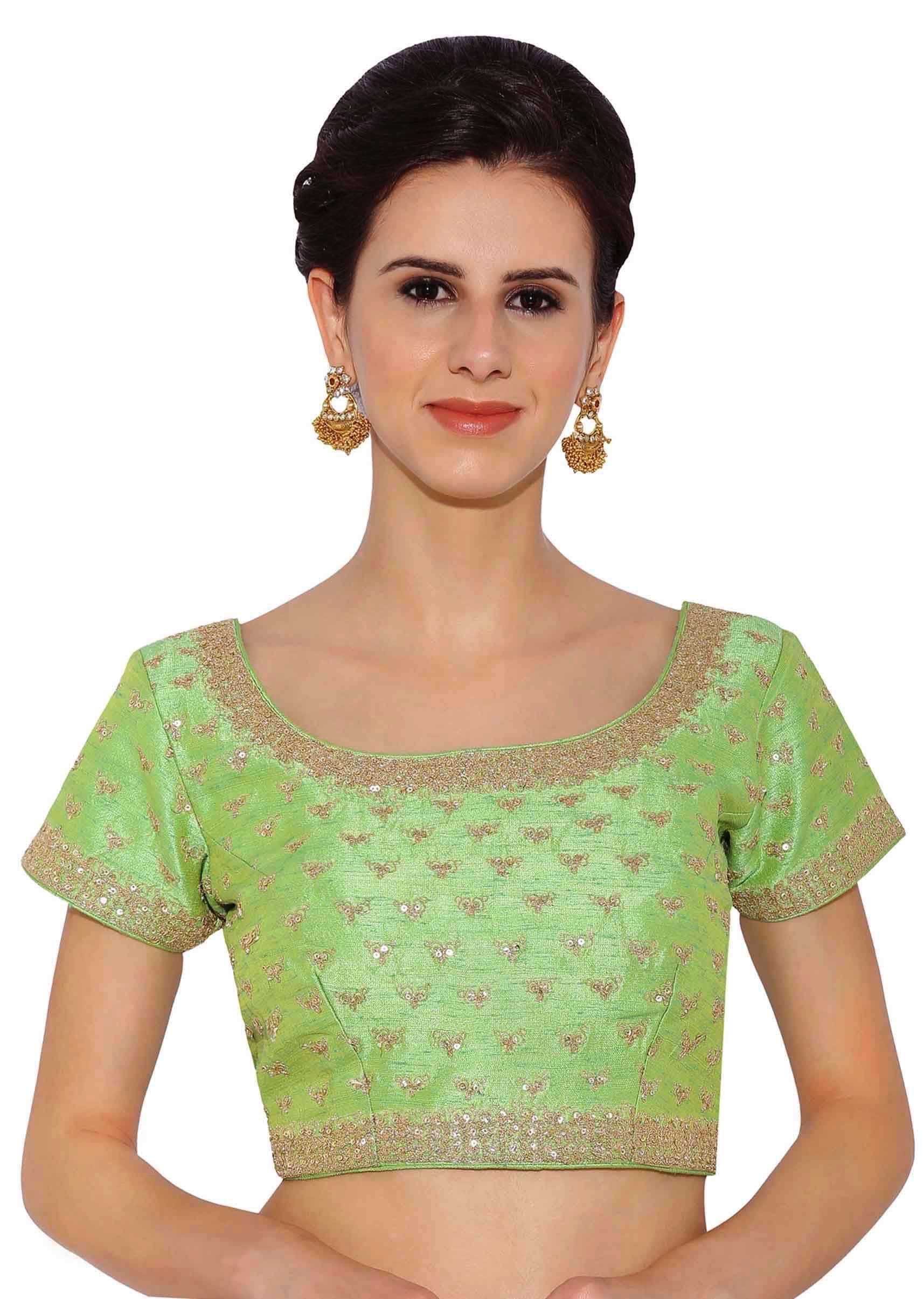 Parrot Green Blouse In Raw Silk With Sequins Embroidery Online - Kalki Fashion - KALKI Fashion India