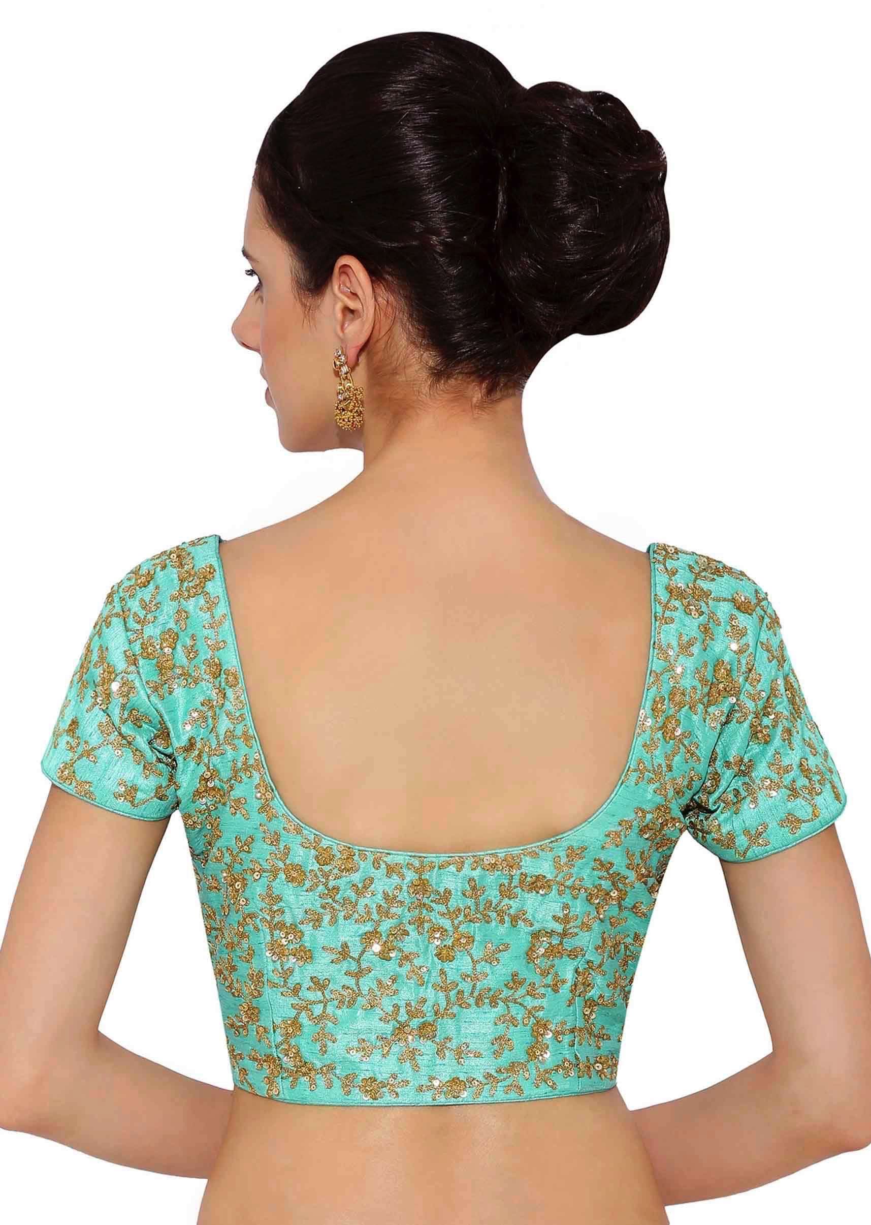 Sea Blue Blouse In Raw Silk With Sequins Embroidery And Side Zip Online - Kalki Fashion - KALKI Fashion India
