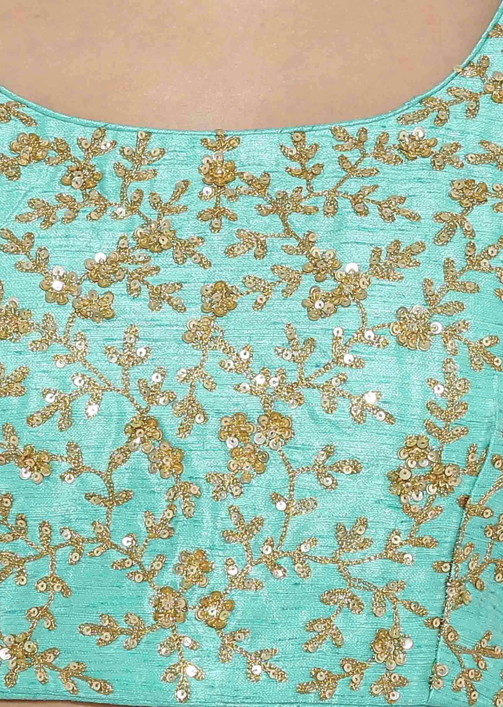 Sea Blue Blouse In Raw Silk With Sequins Embroidery And Side Zip Online - Kalki Fashion - KALKI Fashion India