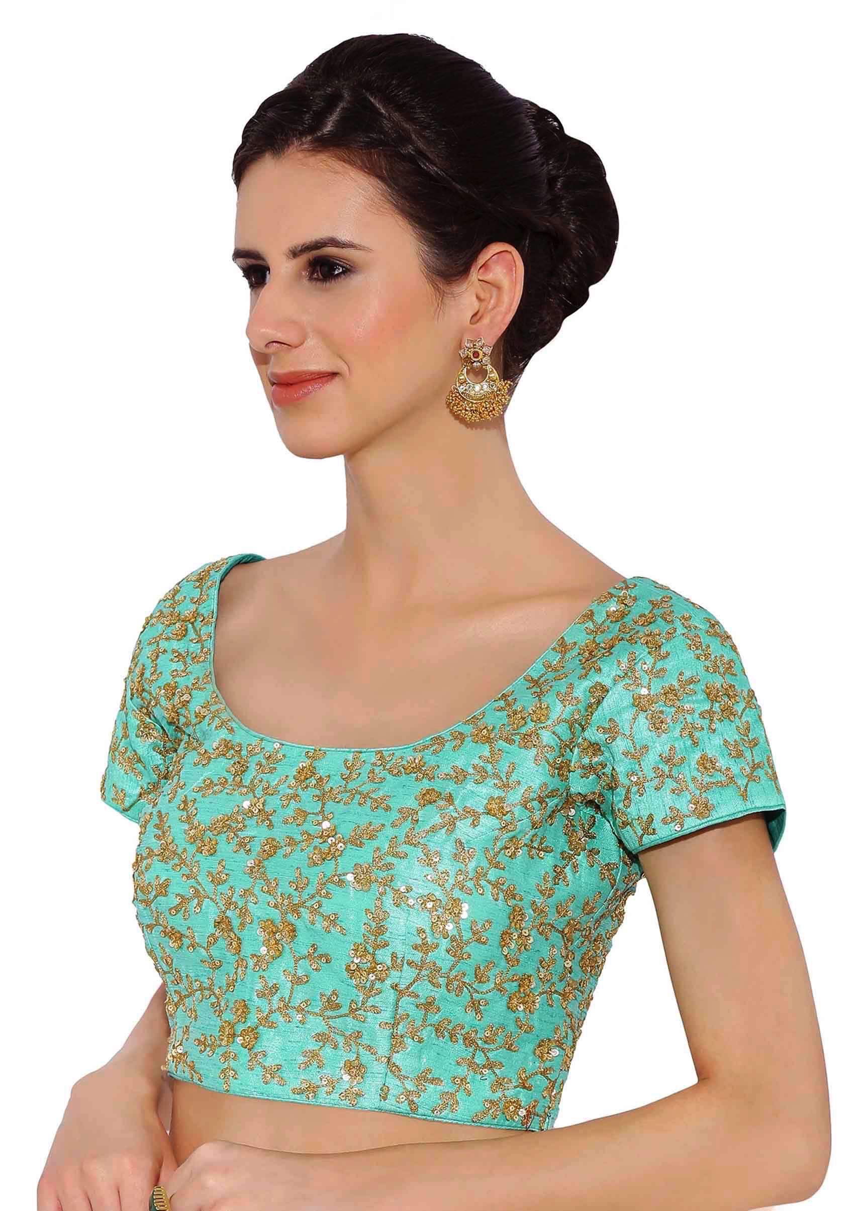 Sea Blue Blouse In Raw Silk With Sequins Embroidery And Side Zip Online - Kalki Fashion - KALKI Fashion India