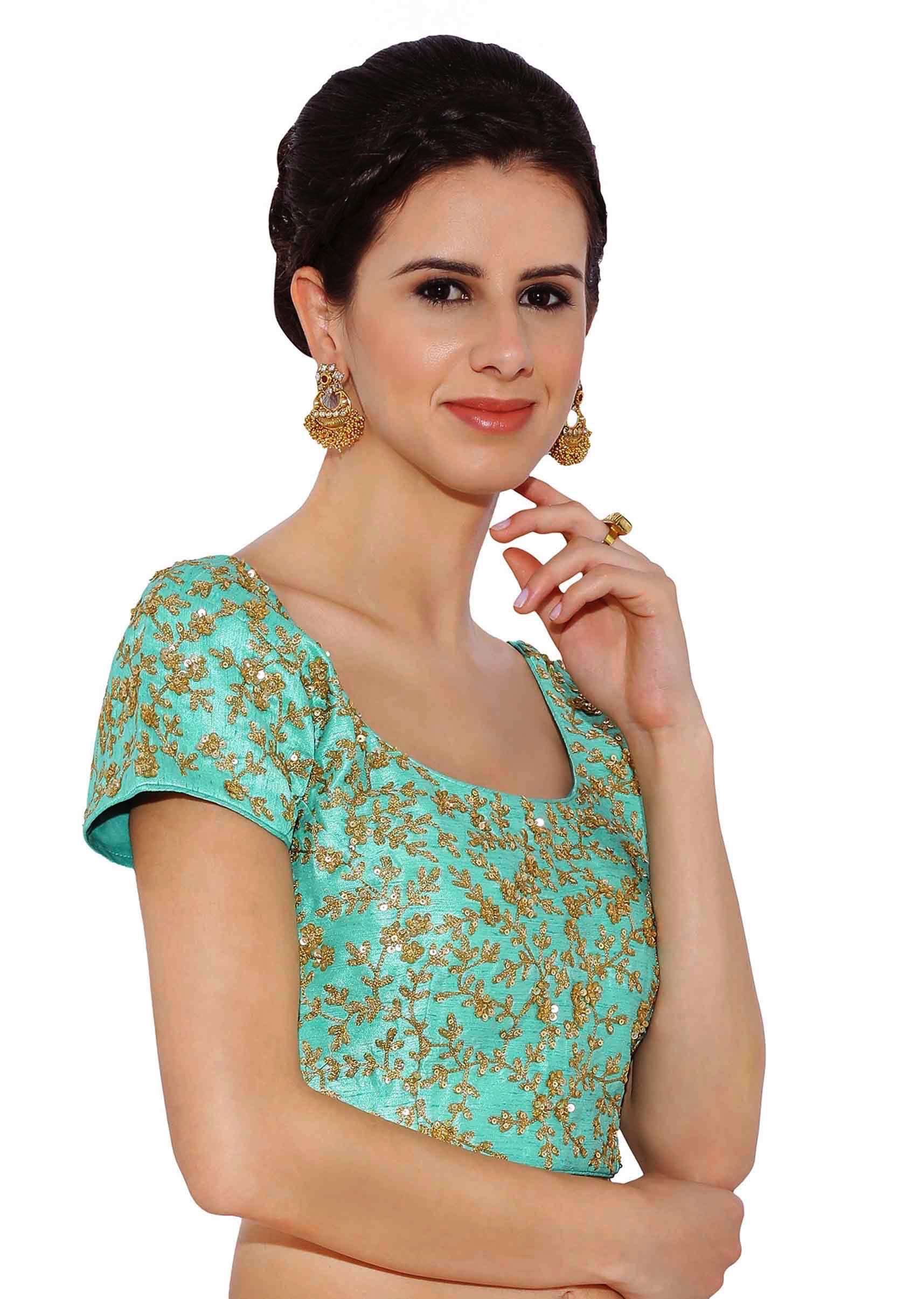 Sea Blue Blouse In Raw Silk With Sequins Embroidery And Side Zip Online - Kalki Fashion - KALKI Fashion India
