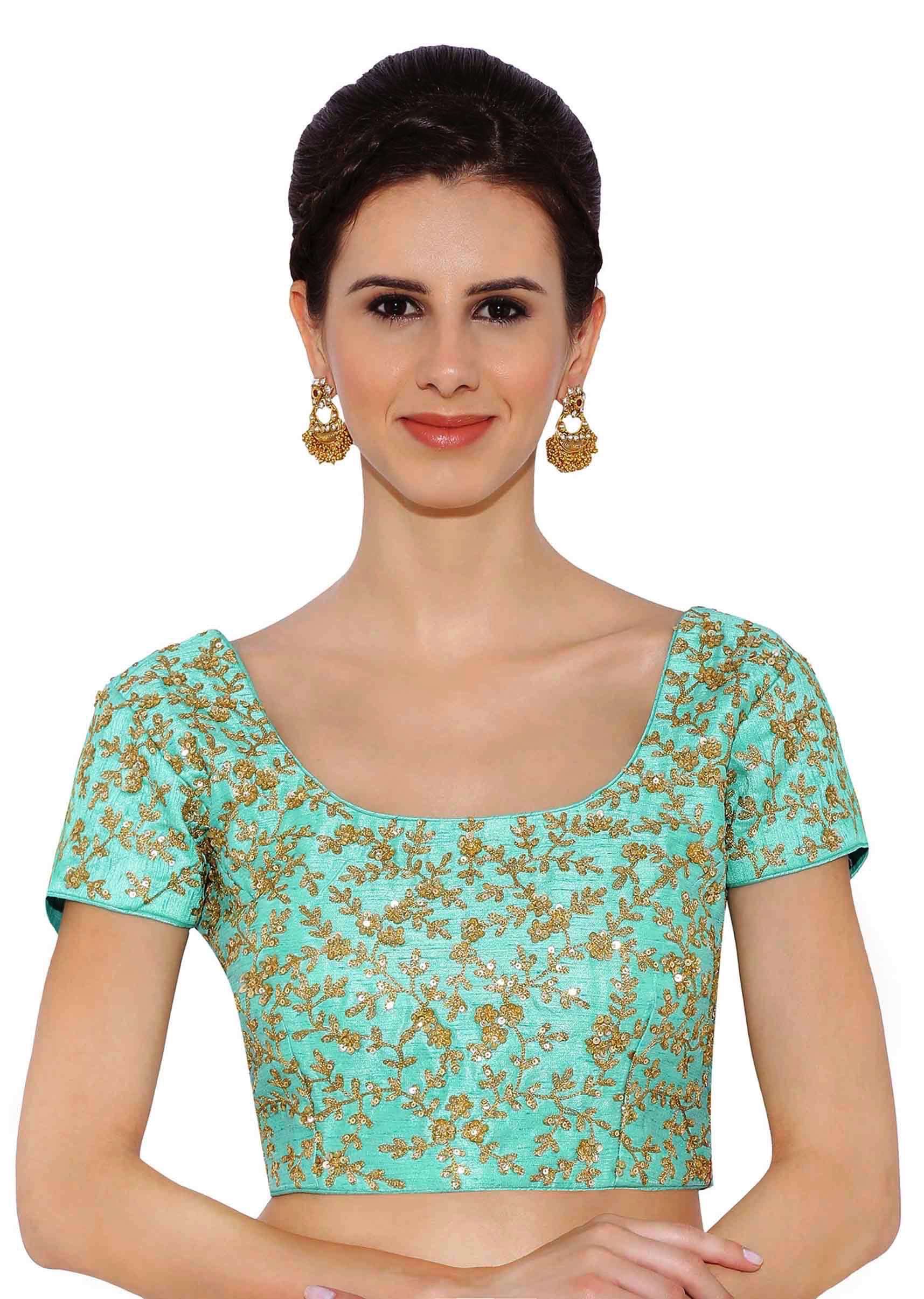 Sea Blue Blouse In Raw Silk With Sequins Embroidery And Side Zip Online - Kalki Fashion - KALKI Fashion India