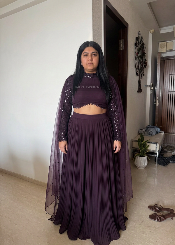 Virtual Try-On: Wine Purple Embroidered Lehenga Set In Satin (Product ID: 8222207705242)