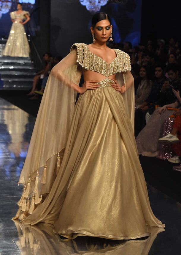 Champagne Gold Akasia Gown With Tassel Wing Cape Sleeves - NOOR 2022
