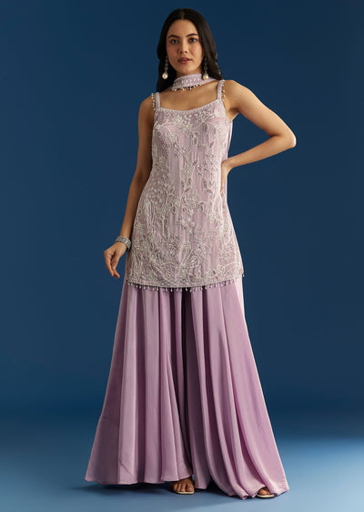 Lavender Chinon Moti Sequin Palazzo Set With Choker Style Dupatta