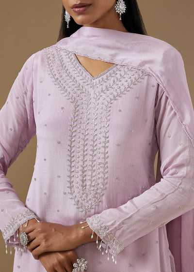 Lavender Chinon Palazzo Suit With Cut Dana And Moti Embellished Kurta