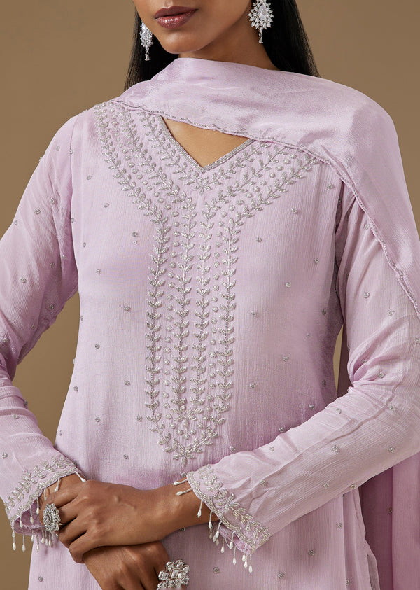 Lavender Chinon Palazzo Suit With Cut Dana And Moti Embellished Kurta
