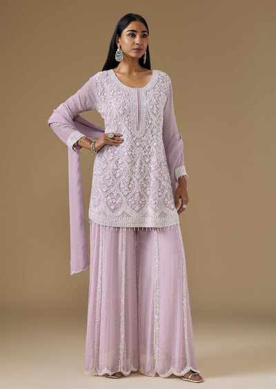 Lavender Chinon Palazzo Suit With Fully Embellished Kurta And Palazzo