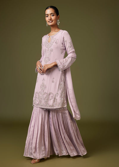 Lavender French Knot Sharara Suit With Bead Detailing