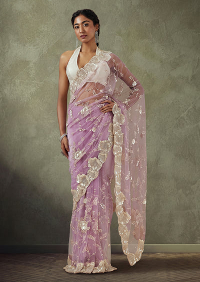 Lavender Net Saree With All Over Sequin Jaal And Embellished Pallu