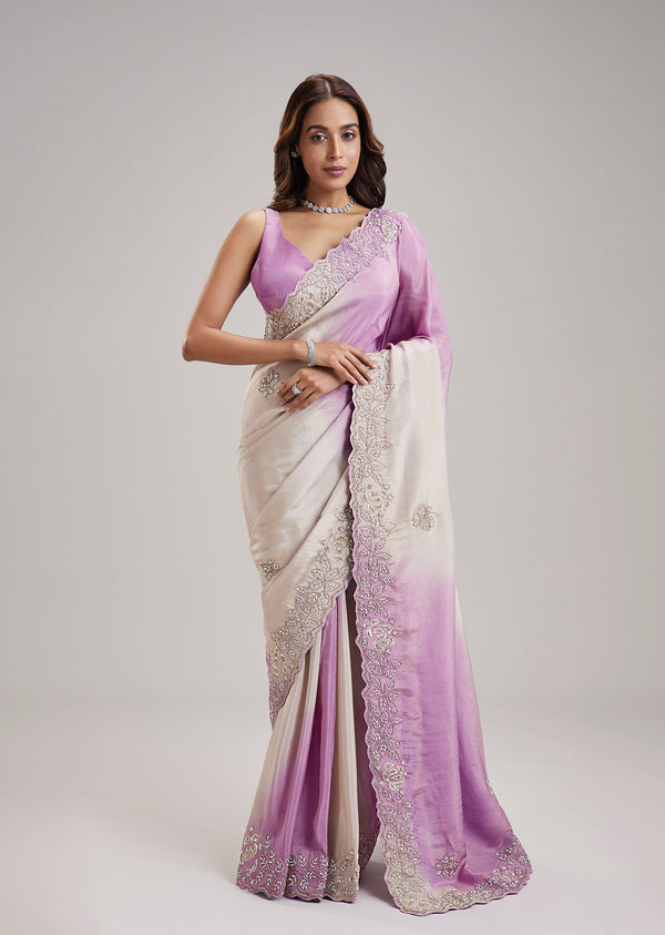 Lavender Ombre Organza Saree With Cut Dana And Sequin Embellishments